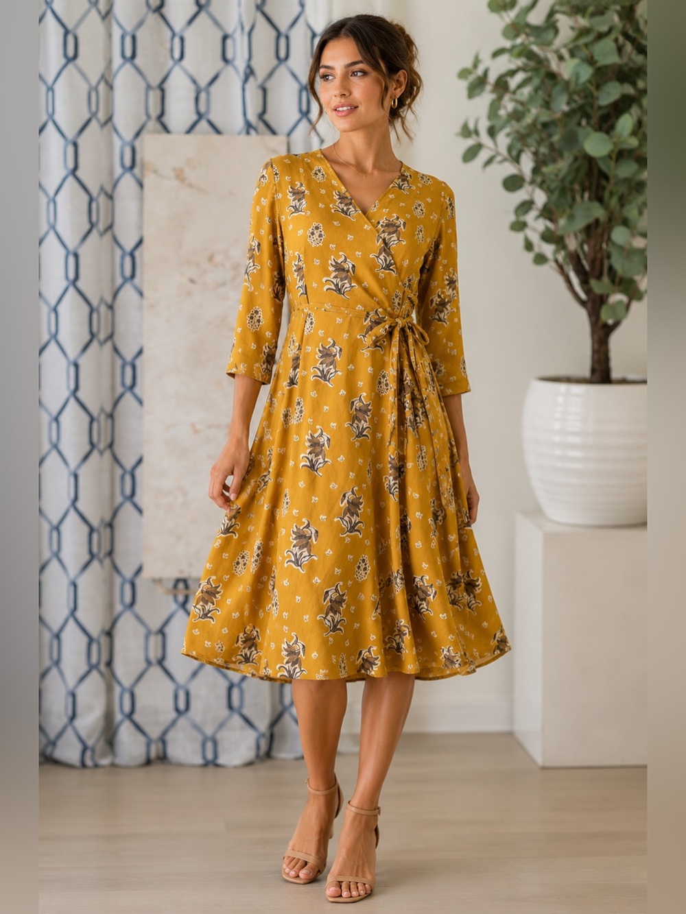 Cost Plus World Market Mustard Floral Long Sleeve Dress